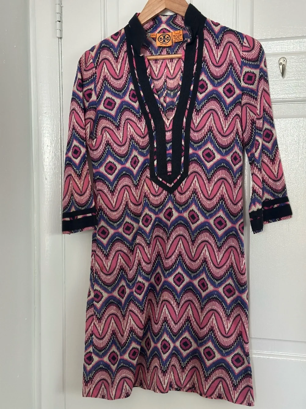 Tory Burch Pink & Navy Ikat Print Tunic Dress Women's XS/S 3/4 Sleeve